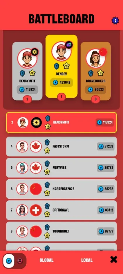 GYMBATTLZ seasonal Battleboard leaderboard screen