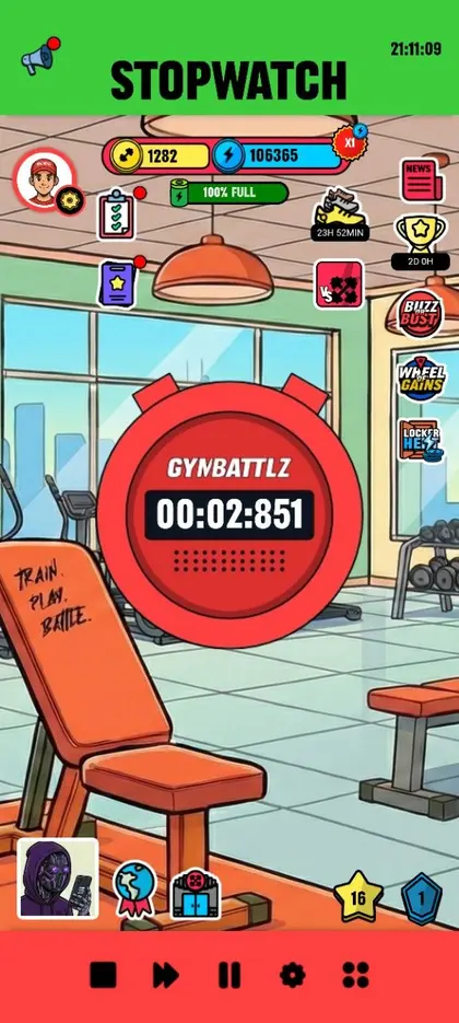 GYMBATTLZ stopwatch workout tracking screen